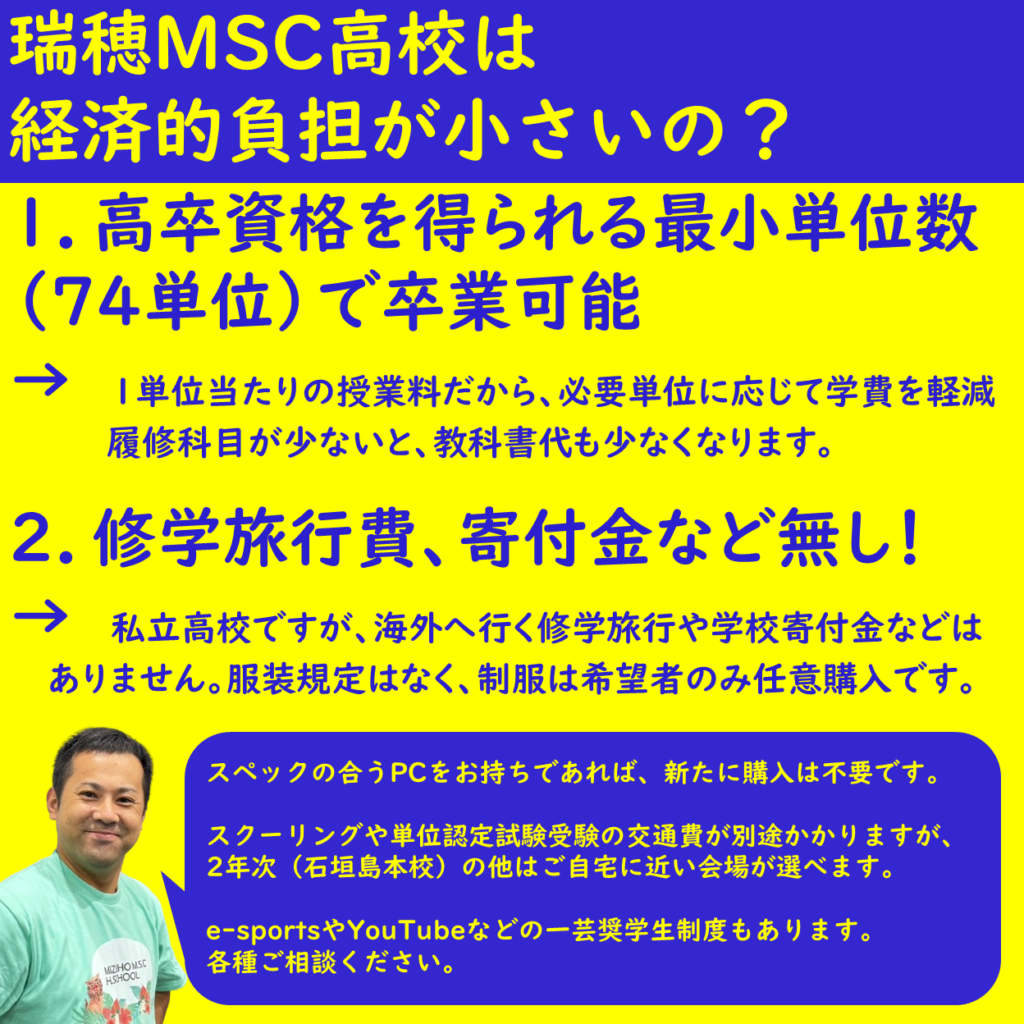 経済的負担が小さい、瑞穂MSC高校で学ぼう