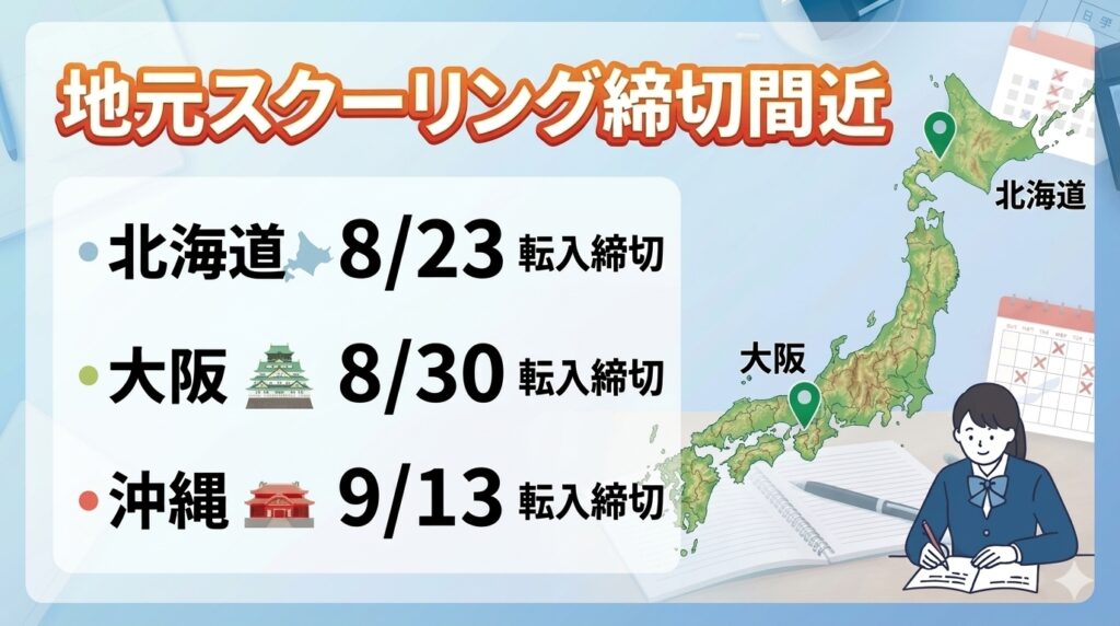 地元スクーリングの転入締切迫る(北海道・大阪・沖縄)